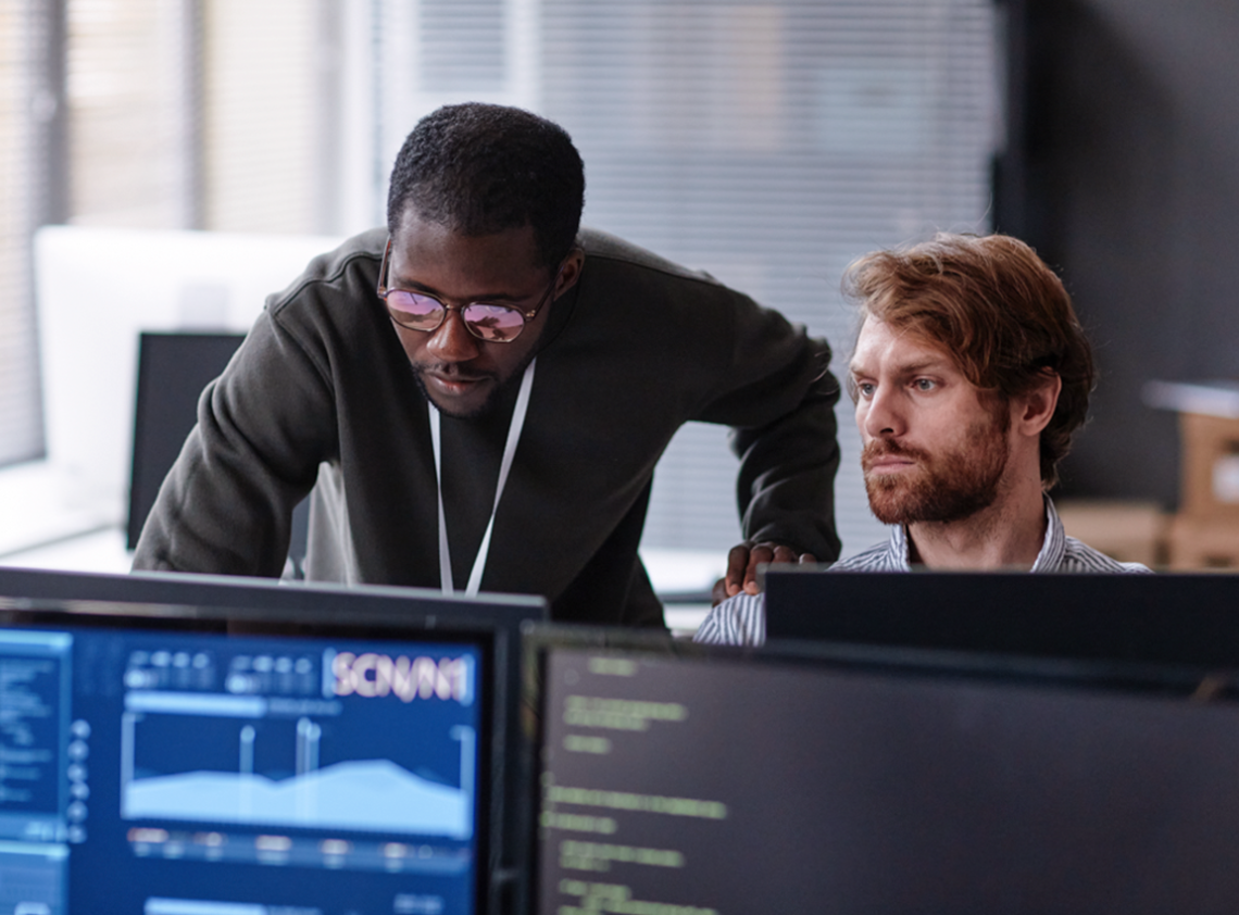 Two mem looking at a computer monitor