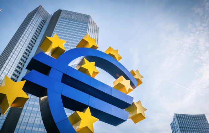 Sculpture of the Euro outside EU Central Bank